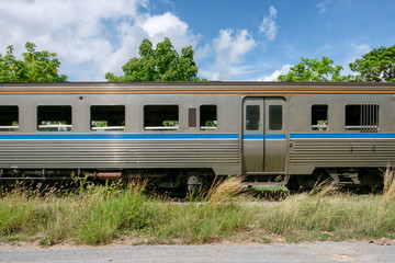 Side view vintage bogie train on rail