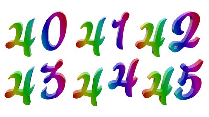 Forty, Forty one, Forty two, Forty three, Forty four, Forty five, 40, 41, 42, 43, 44, 45 Calligraphic 3D Rendered Digits, Numbers Colored With RGB Rainbow Gradient, Isolated On White Background