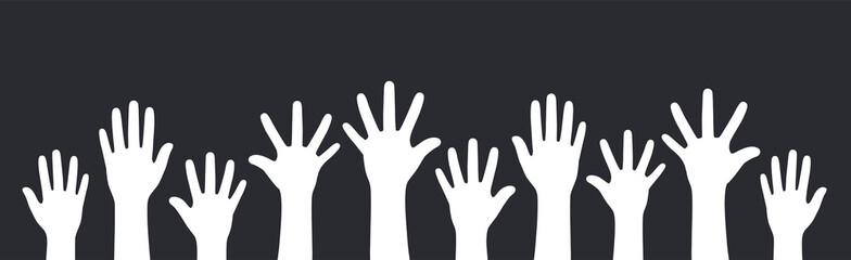 Fototapeta na wymiar Concept of raised hands up on black background.
