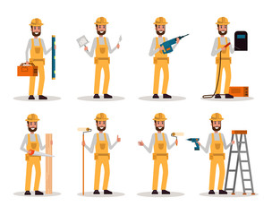 Set of Construction Worker. Worker man with construction tools in many pose. Flat character design. vector illustration