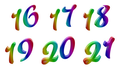 Sixteen, Seventeen, Eighteen, Nineteen, Twenty, Twenty one, 16, 17, 18, 19, 20, 21 Calligraphic 3D Rendered Digits, Numbers Colored With RGB Rainbow Gradient, Isolated On White Background.
