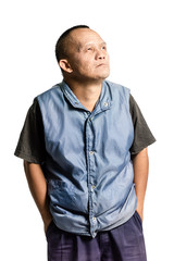 Fototapeta premium Portrait of a senior asian man thinking. Isolated on white background with copy space and clipping path