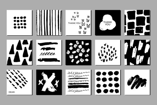 Doodled Creative Black and White Greeting Cards, Hand-drawn Textures, Grunge Brush strokes and scribbles, Vector decor elements