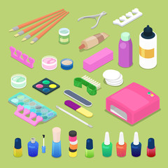 Manicure and Pedicure Isometric Tools. Cosmetics and Accessories. Vector flat 3d illustration