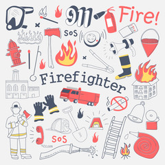 Fototapeta premium Firefighter Freehand Doodle. Fireman with extinguisher and Equipment Hand Drawn Elements Set. Vector illustration