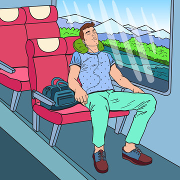 Pop Art Tired Man Sleeping in the Train and Listening Music. Tourism, Summer Travel. Vector illustration