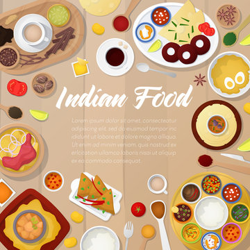 Indian Cuisine Menu Template with Chicken, Rice and Curry. Traditional Asian Food. Vector illustration