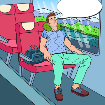 Pop Art Tired Young Man Sleeping in the Train and Listening Music. Tourism, Summer Travel. Vector illustration