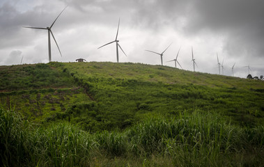 Wind turbine generator farm on storm day 