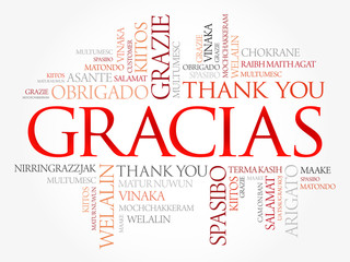 Gracias (Thank You in Spanish) Word Cloud background, all languages, multilingual for education or thanksgiving day