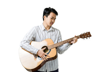 Portrait of a young business man with guitar. Isolated on white background with copy space and clipping path