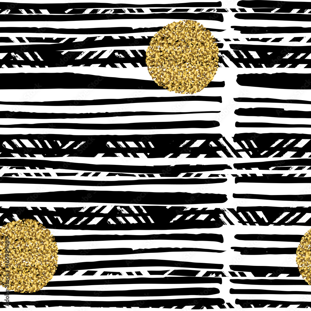 Poster hand drawn black lines on white background seamless pattern. golden dots seamless design.