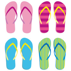 Colored flipflops set icon. Slippers icon. Isolated blue, pink, yellow striped on white background. Vector illustration AI10.