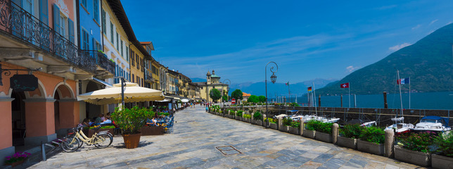 Piazza Vittorio Emanuele lll buildings and habor in Cannobio - Lago Maggiore, Verbania, Piemont,...