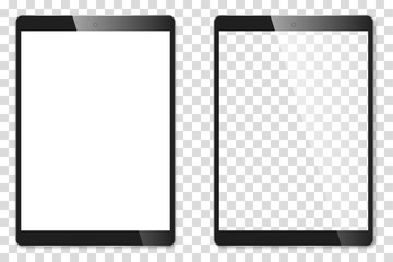 Realistic Tablet with transparent screen isolated on background. Can Use for Template or Banner. Electronic Device Set Mock Up. Vector Illustration