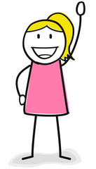 Blonde Frau winkt freundlich und sagt Hallo 