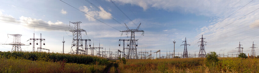 Panorama of high voltage substation. Distribution electrical power.