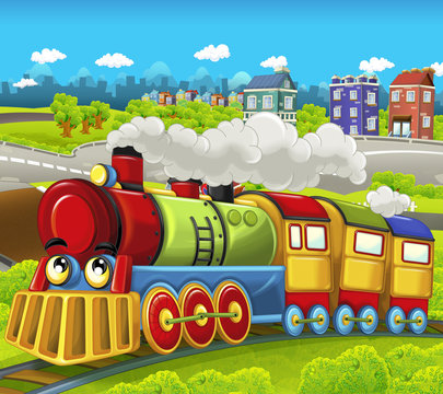Cartoon train scene on the meadow - illustration for the children