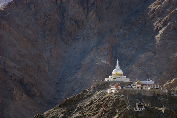 Close up view of Shanti Stupa, the white dome stupa of Leh Ladakh