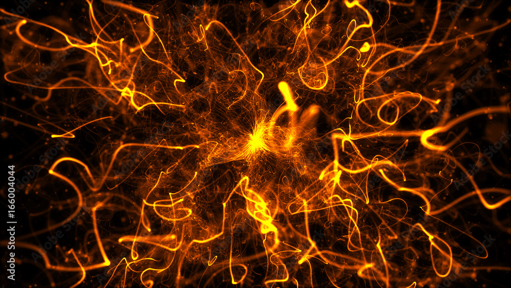 Poster abstract 3d particle background. particle explosion. particles goes from center and leaves curled tr