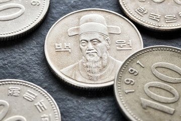 Close up picture of South Korean won, shallow depth of field.