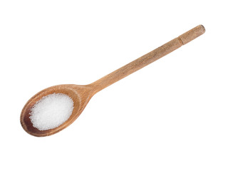 Fructose on wooden spoon, sugar substitute, replacement.