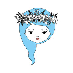 color sections silhouette caricature closeup front view face woman with wavy medium hairstyle and crown decorate with flowers