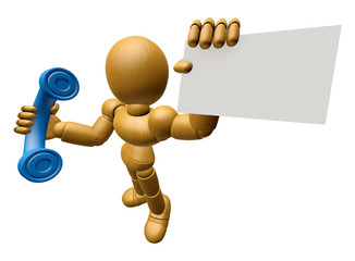 3D Wood Doll Mascot has telephone conversation. 3D Wooden Ball Jointed Doll Character Design Series.