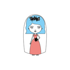 color sections silhouette caricature cute woman in wedding dress with wavy short hair