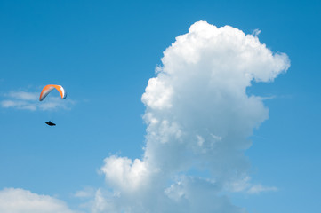 Fototapeta na wymiar Alone paraglider fly in the sky in the sunny day.