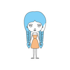 color sections silhouette caricature skinny woman in dress with double braids hairstyle