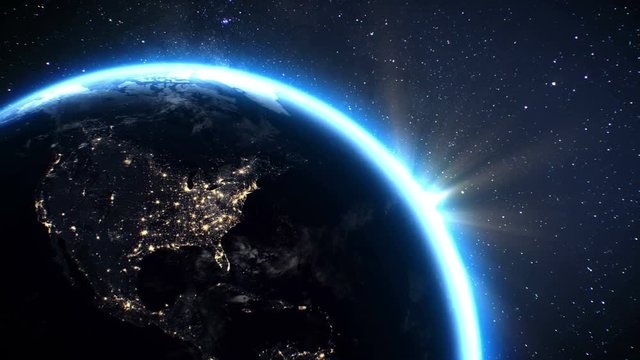 4K Highly detailed. 3d Render using satellite imagery (NASA). Planet earth America zone with night time and sunrise from space.