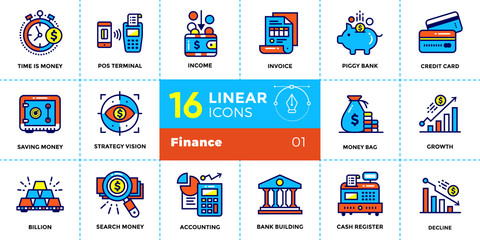 Vector linear icons set of finance, banking. High quality modern icons suitable for print, website and presentation