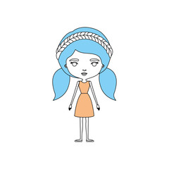 color sections silhouette caricature skinny woman in dress with double pigtails hairstyle and braid
