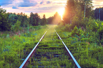 Old abandoned railroad overgrown with grass. Railway track through the forest. Picturesque industrial landscape at sunset. Summer travel. Wonderful view. Fabulous adventure. Rail transportation.