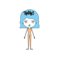 color sections silhouette caricature skinny woman in clothes with wavy short hairstyle and flower crown accesory