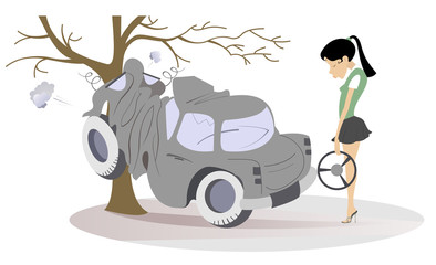 Cartoon young woman have got into a road accident. Upset young woman holding a steering wheel stands near the car which crashed into the tree
