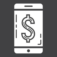 Mobile banking glyph icon, business and finance, phone sign vector graphics, a solid pattern on a black background, eps 10.