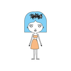 color sections silhouette caricature skinny woman in clothes with short hairstyle and flower crown accesory