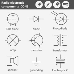 Electronic and radio components vector icon set in flat style