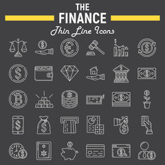 Finance line icon set, business symbols collection, marketing vector sketches, logo illustrations, business signs, linear pictograms package isolated on black background, eps 10.