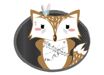 Obraz premium Ein niedlicher Fuchs mit ethnischen Mustern und Indianer Schmuck.