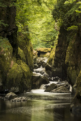 Fototapeta na wymiar Stunning ethereal landscape of deep sided gorge with rock walls and stream flowing through lush greenery