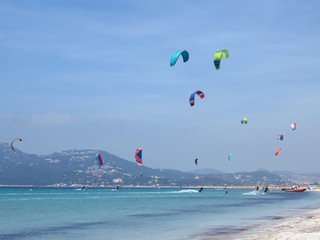 Multitude d’ailes de kite surf sur la plage de l'Almanarre à Hyères (France)