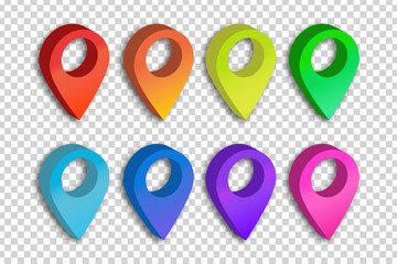 Vector set of realistic isolated map pins on the transparent background. Concept of navigation, transportation, delivery and journey.