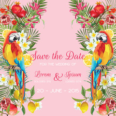 Save the Date Wedding Card with Tropical Flowers, Fruits, Parrot Birds. Floral Background in vector