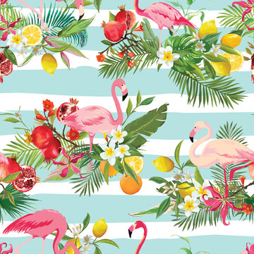 Tropical Fruits, Flowers and Flamingo Birds Seamless Background. Retro Summer Pattern in Vector