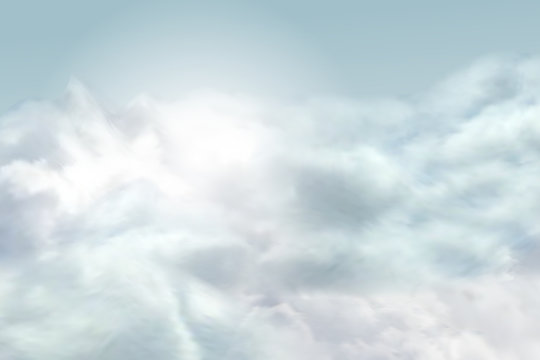 Vector sky background with realistic isolated clouds and bright sun light.