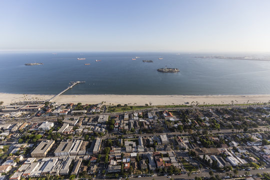 Aerial view of the Bluff Park and Belmont Shore neighborhoods in Long Beach, California.   