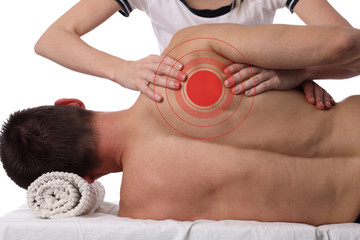 Woman having chiropractic adjustment, healing treatment. Osteopathy, manual therapy, acupressure....
